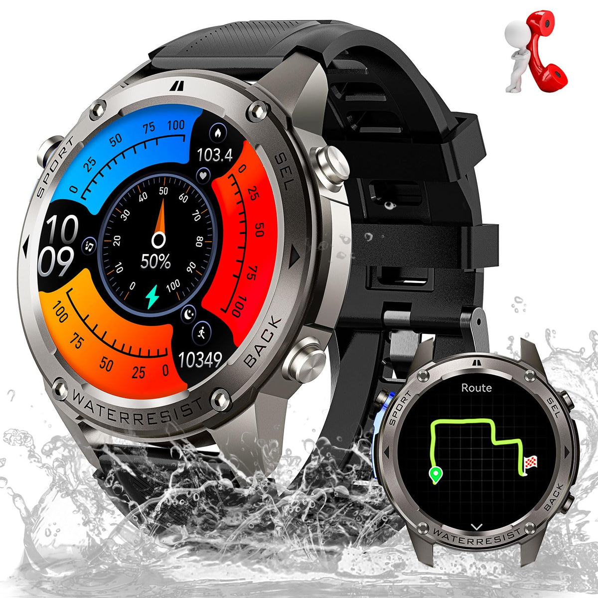 Military Smart Watch for Men 5ATM Waterproof with GPS 1.43 Rugged Tactical Smartwatch with Call Compass Altitude Air Pressure AMOLED Always On Display Watch with HR SPO2 Monitor for iPhone Android